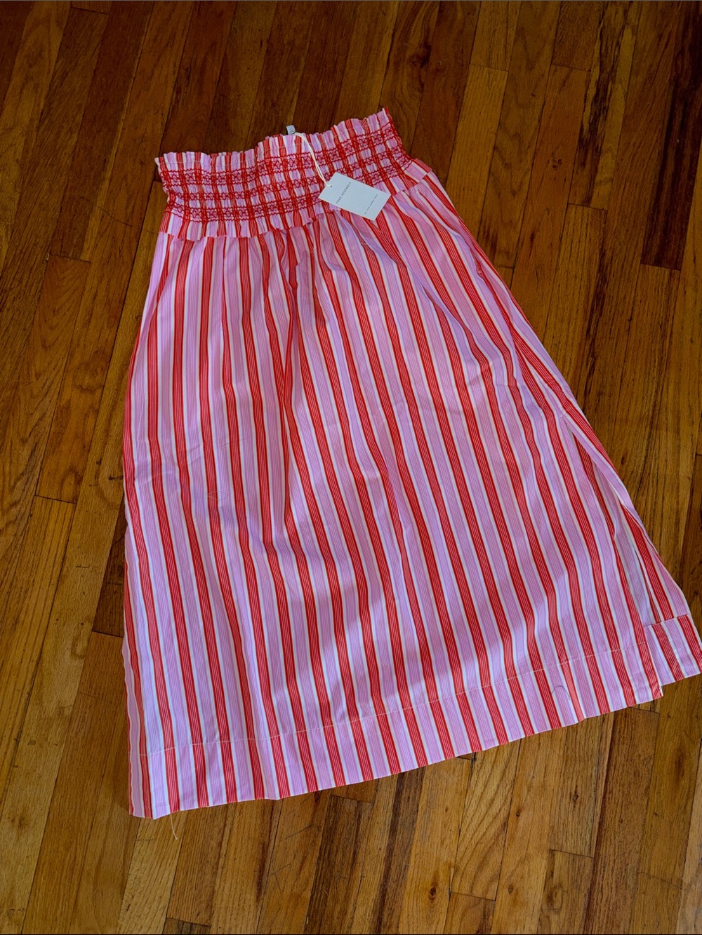Free Assembly Striped Pink Red Smocked Waist Midi Skirt NWT